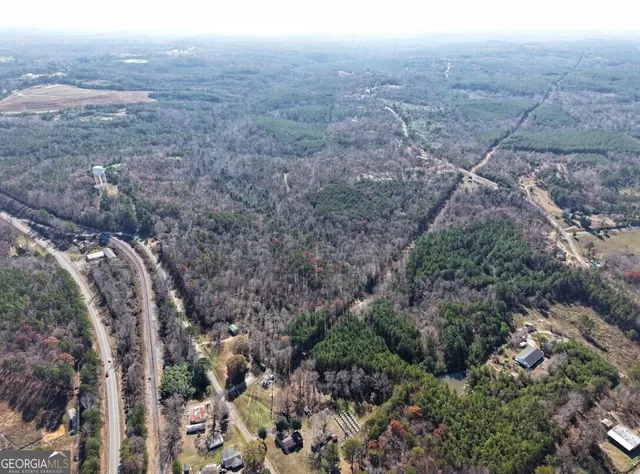 a view of a city with lush green forest