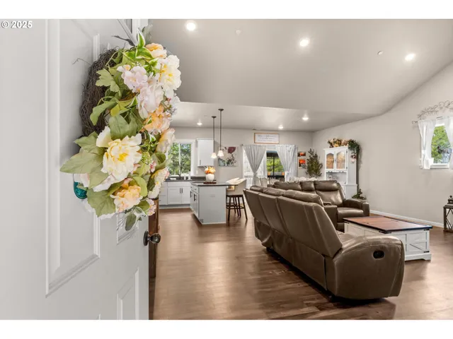 a living room with kitchen island granite countertop furniture and a potted plant