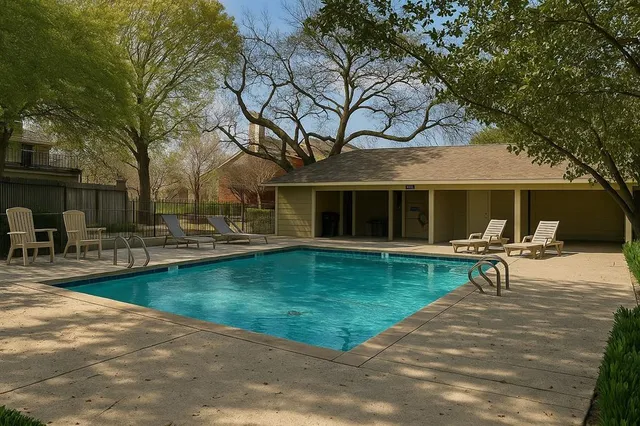 a swimming pool with outdoor seating and yard