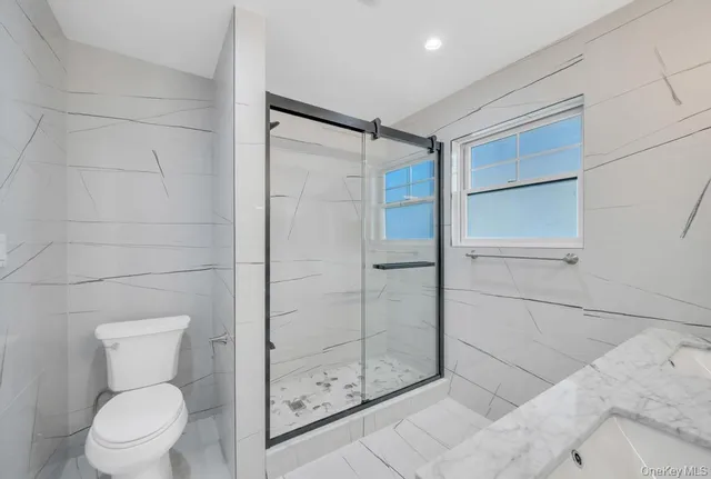 a bathroom with a shower and toilet