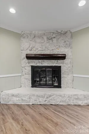 a view of fireplace and wooden floor