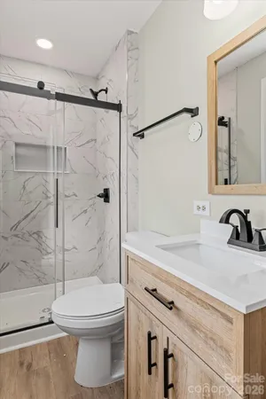a bathroom with a sink a toilet and a shower