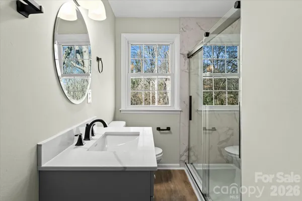 a bathroom with a sink a mirror and a shower