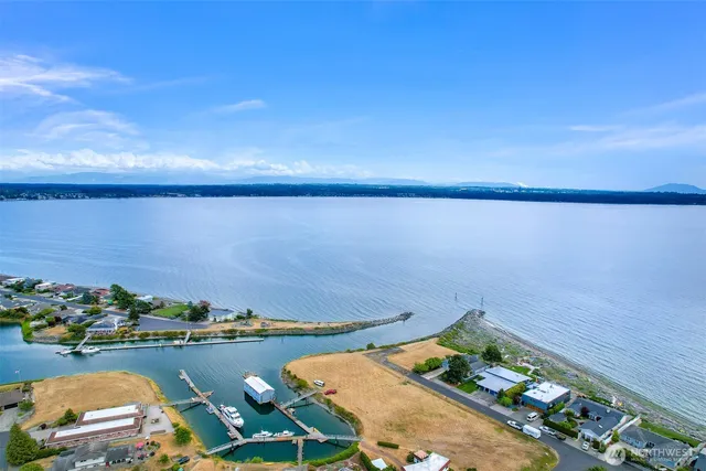 an aerial view of a house with a ocean view