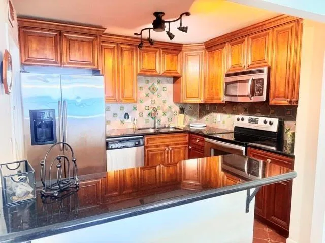 a kitchen with stainless steel appliances granite countertop a refrigerator a stove a sink and dishwasher