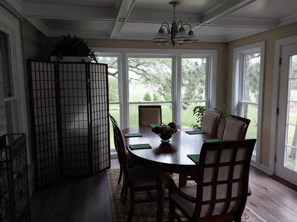 a view of a dining room with furniture window and outside view