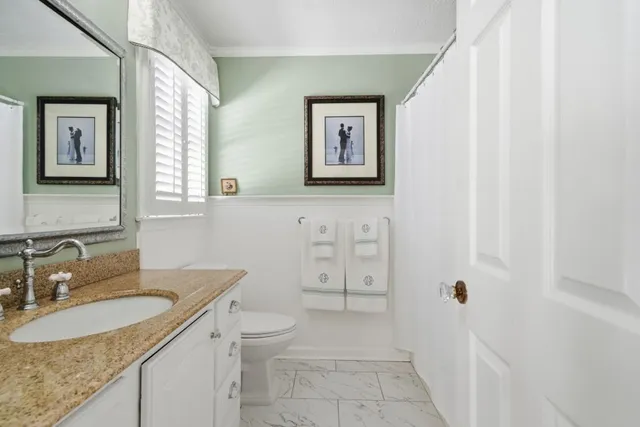 a bathroom with a granite countertop sink toilet and painting