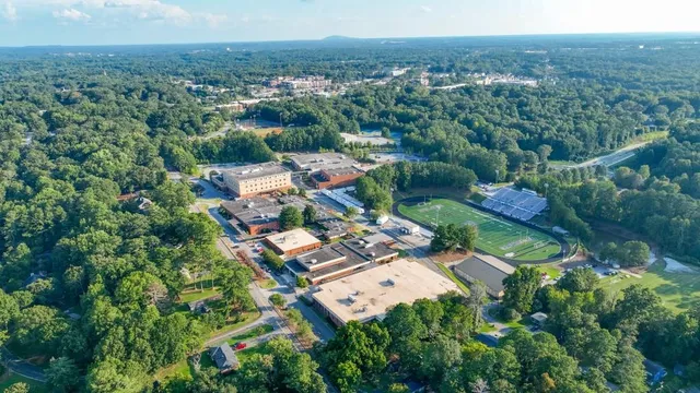 an aerial view of residential houses with outdoor space and trees