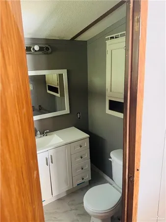 a bathroom with a toilet sink vanity and mirror