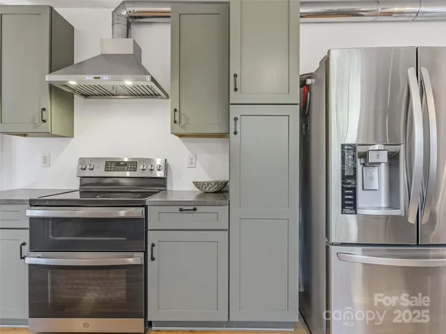 a kitchen with stainless steel appliances a refrigerator and a stove