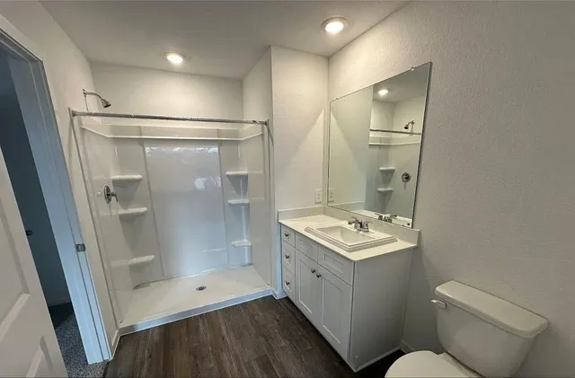 a bathroom with a sink a toilet and shower