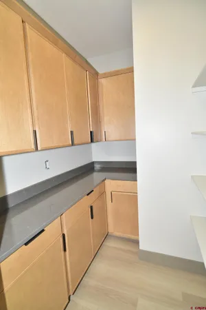 a view of a hallway with wooden floor and closet area