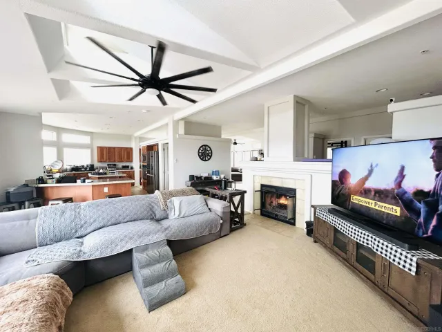 a living room with furniture a fireplace and a chandelier