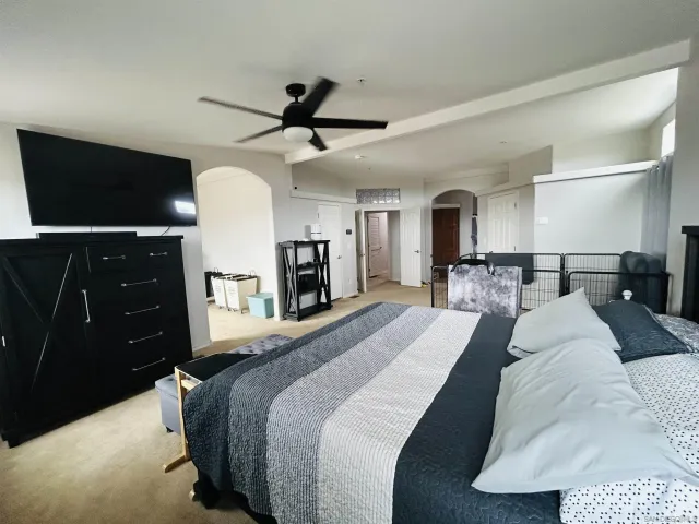 a bed room with a bed and a television