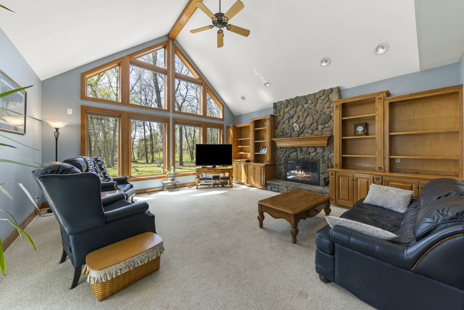 15646 Griswold Springs Road Plano, IL 60545 - Photo 11 of 46 a living room with furniture a fireplace and a flat screen tv