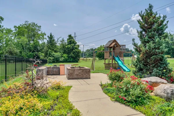 a view of a garden with plants and a lake view