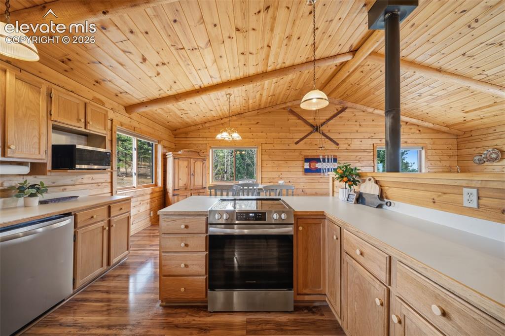 4269 Cedar Mountain Road Divide, CO 80814 - Photo 9 of 39 Main level kitchen with tongue and groove ceilings and beams