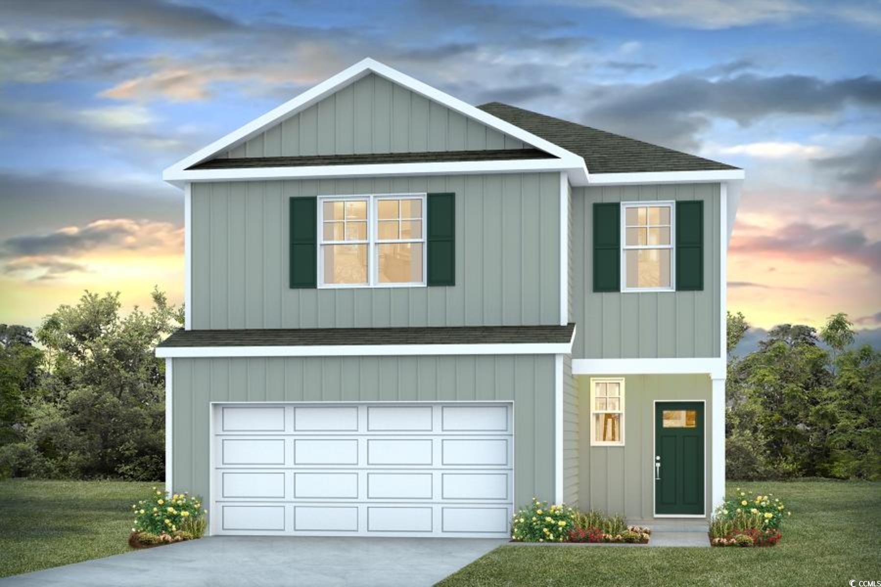 View of front facade featuring roof with shingles, a garage, driveway, and a lawn