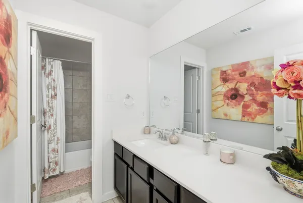 a bathroom with double vanity sink and a mirror