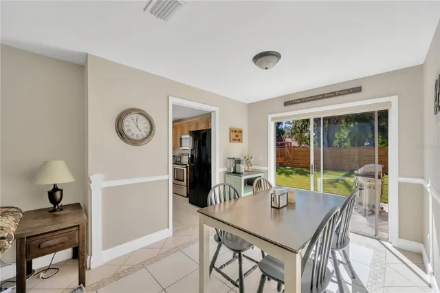 a view of a dining room with furniture and a large window