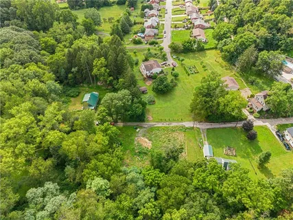 an aerial view of residential houses with outdoor space and trees