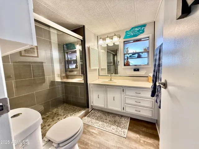 a bathroom with a sink a toilet and shower