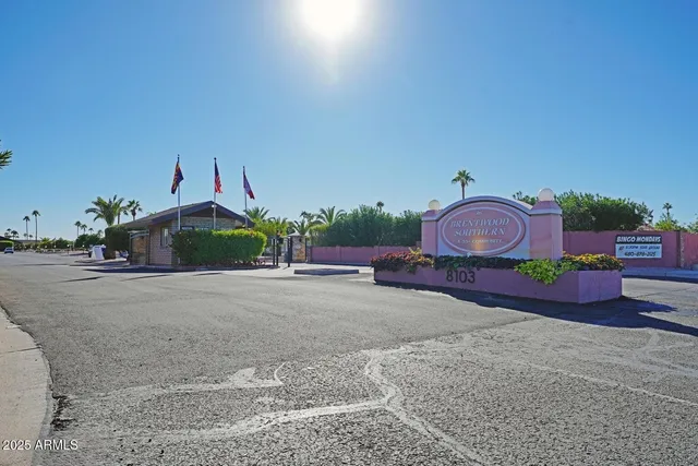 a view of a park with potted plants