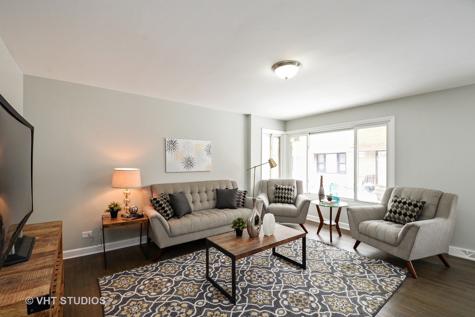 10077 Frontage Road, Unit E Skokie, IL 60077 - Photo 2 of 10 a living room with furniture a rug and a flat screen tv