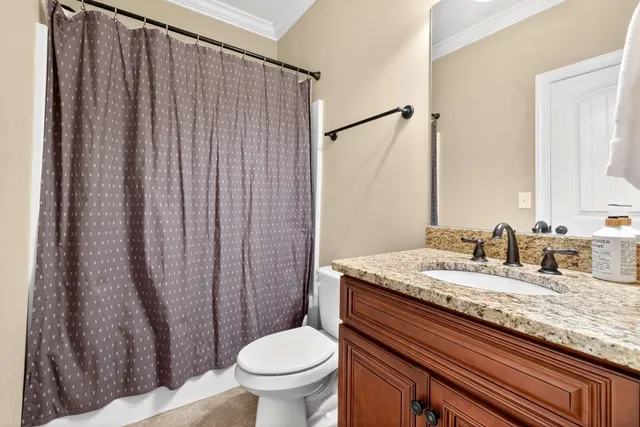 a bathroom with a granite countertop sink toilet and mirror