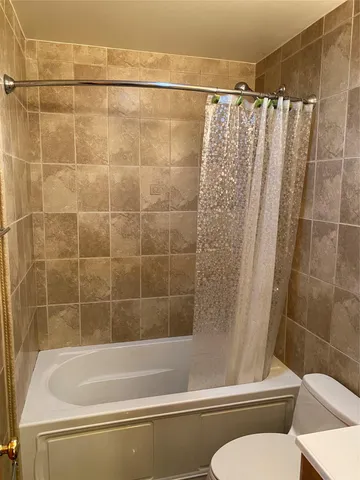 a bathroom with a shower and a toilet