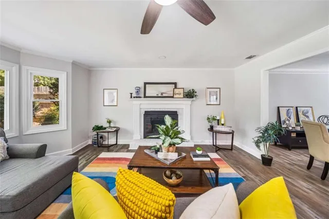 a living room with furniture potted plant and a window