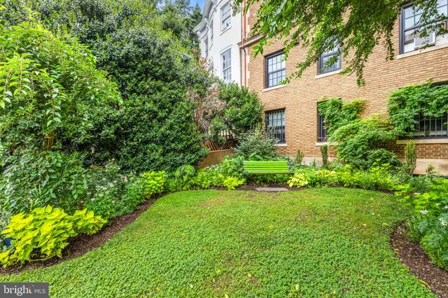 a view of a garden with a building in the background