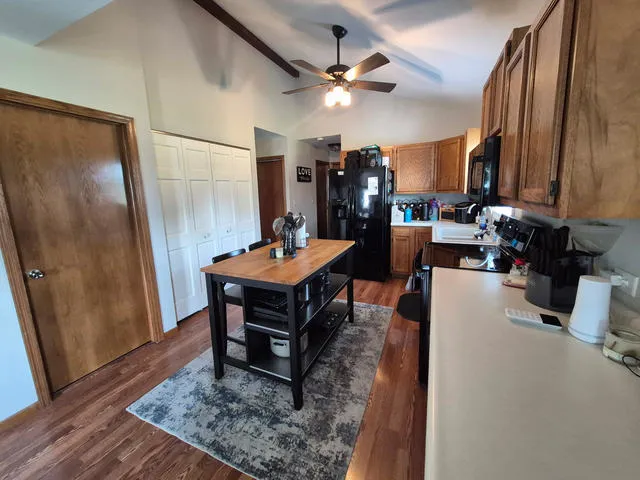 a view of a dining room with furniture