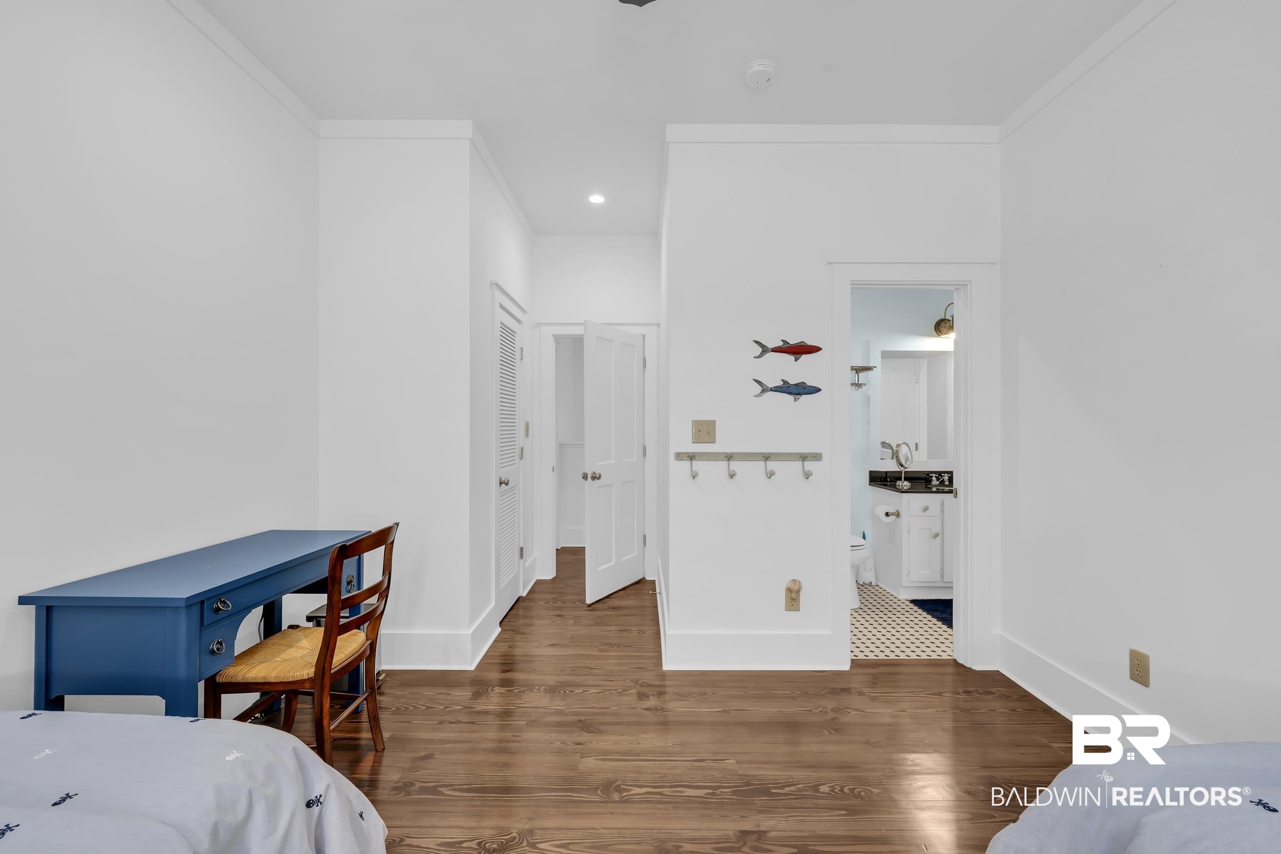 25773 Canal Road, Unit 32 Orange Beach, AL 36561 - Photo 26 of 35 Bedroom with ornamental molding, dark wood-style floors, recessed lighting, and ensuite bathroom