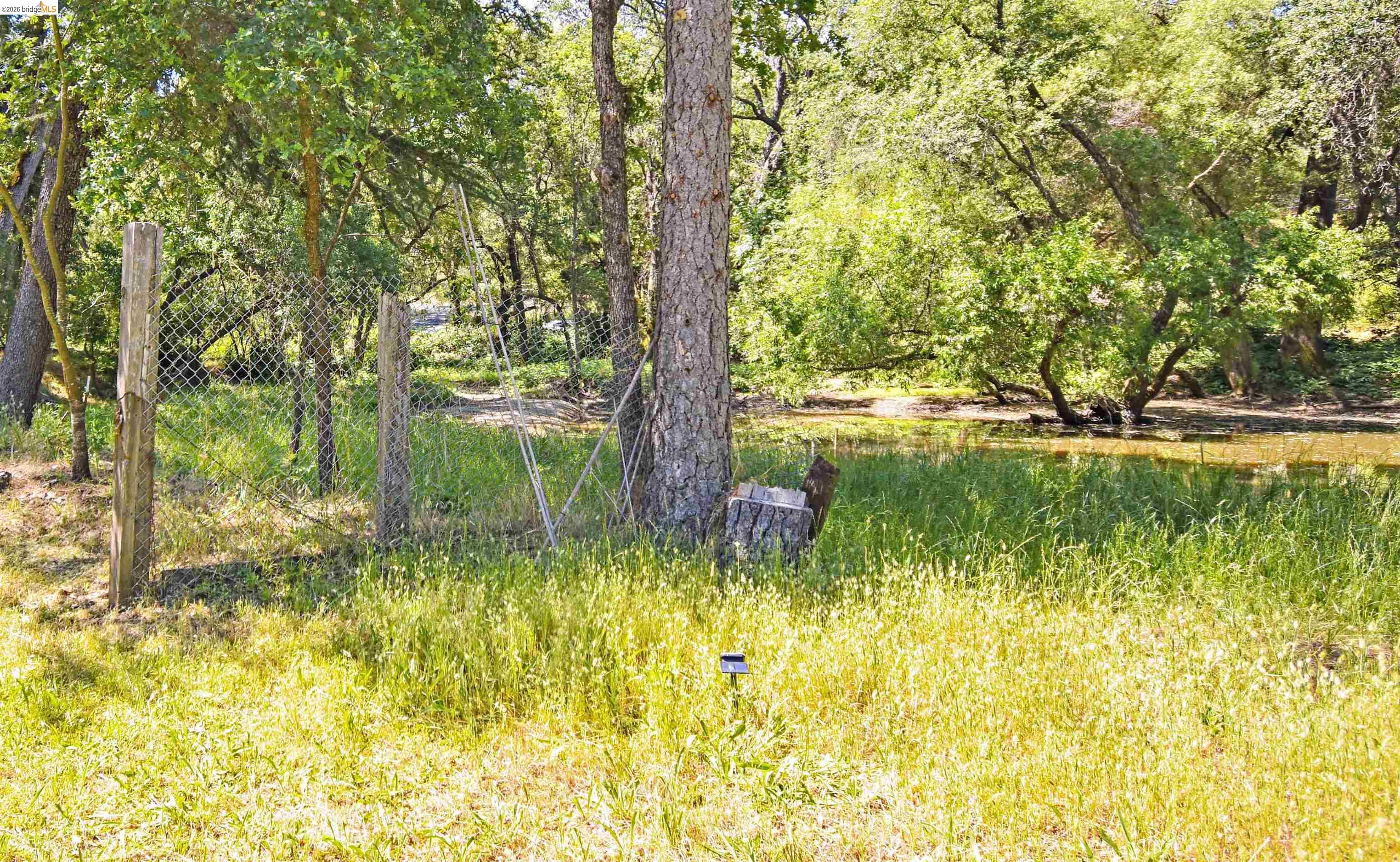 13904 Tuolumne Road Sonora, CA 95370 - Photo 36 of 44 Wooded property featuring a partial chain-link fence, mature trees, and a body of water