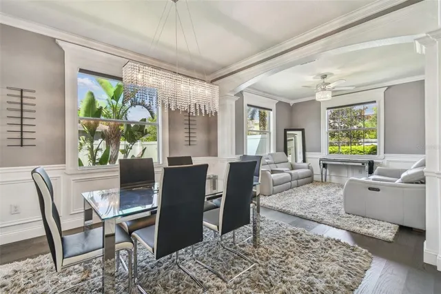 a view of a dining room with furniture