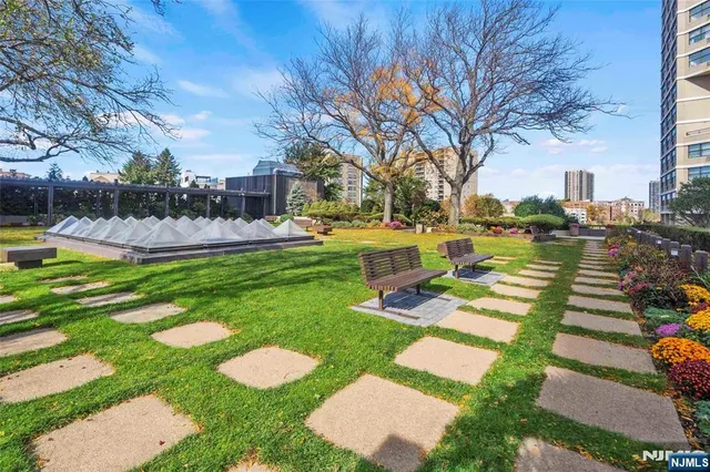 a view of a swimming pool with outdoor seating and plants