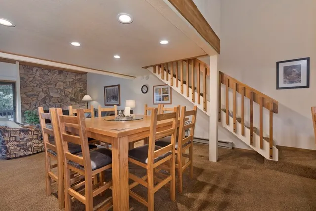 a view of a dining room with furniture