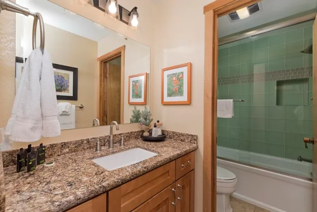 a bathroom with a granite countertop sink and a mirror