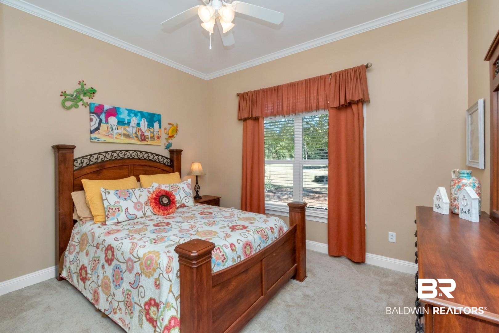 9905 Carnoustie Court Foley, AL 36535 - Photo 17 of 31 Bedroom featuring ceiling fan, light colored carpet, and ornamental molding