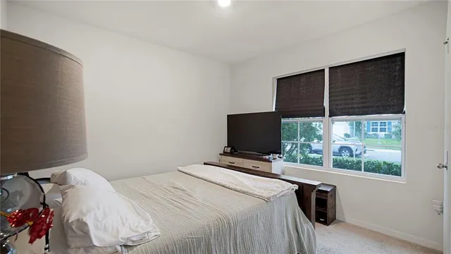 a bedroom with a bed and a television