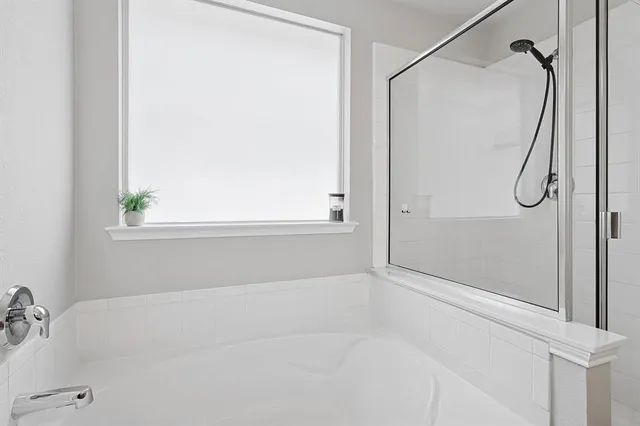 a bathroom with a bathtub and a shower