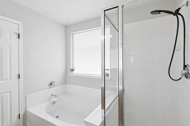 a bathroom with a bathtub and a shower