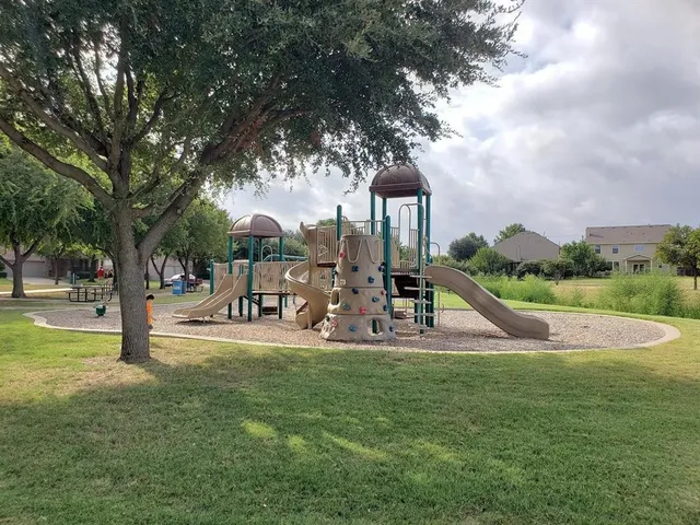 a view of a park with large trees