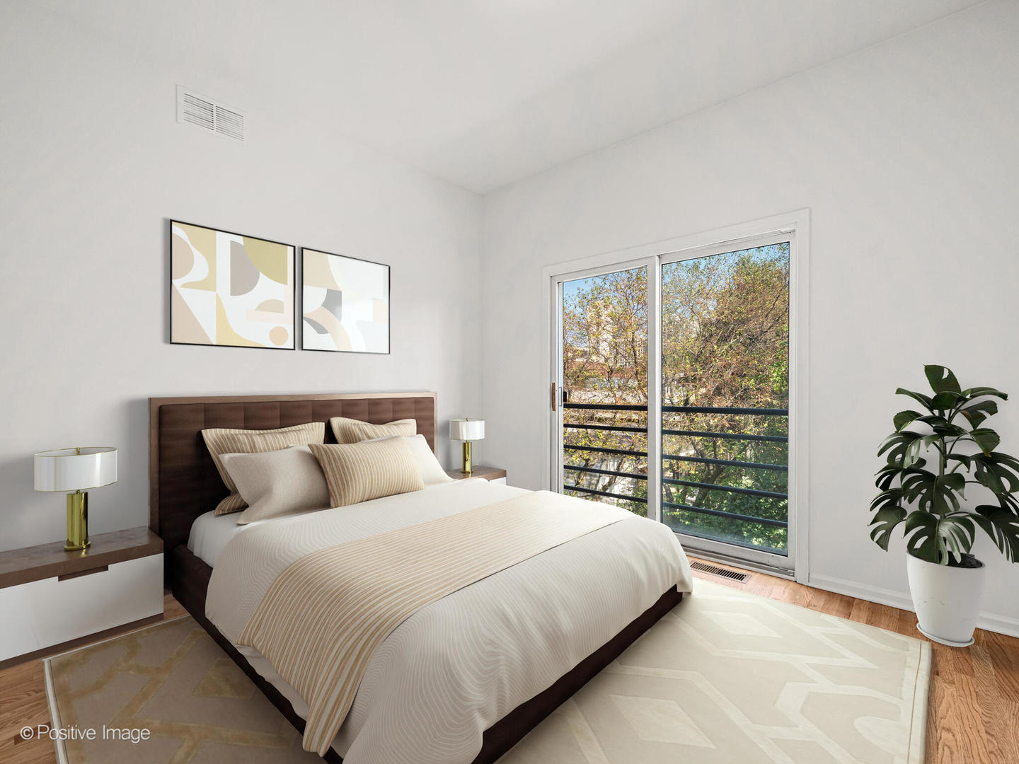 855 West Erie Street, Unit 107 Chicago, IL 60642 - Photo 10 of 21 a bedroom with a large bed and a potted plant