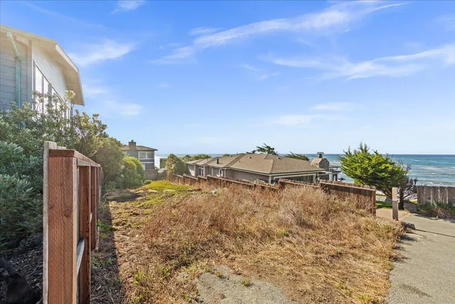 a view of a dry yard with wooden fence