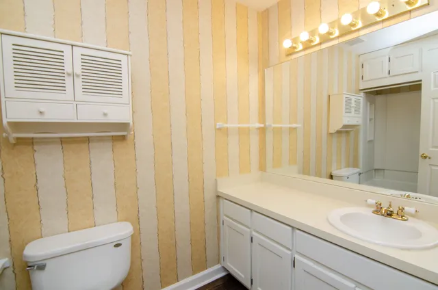 a bathroom with a sink a toilet and a mirror