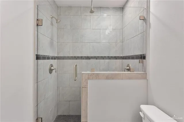 a bathroom with a shower and a toilet