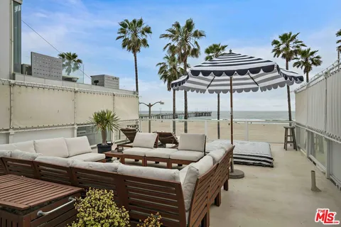 a view of a patio with couches and a potted plant on a table and chairs