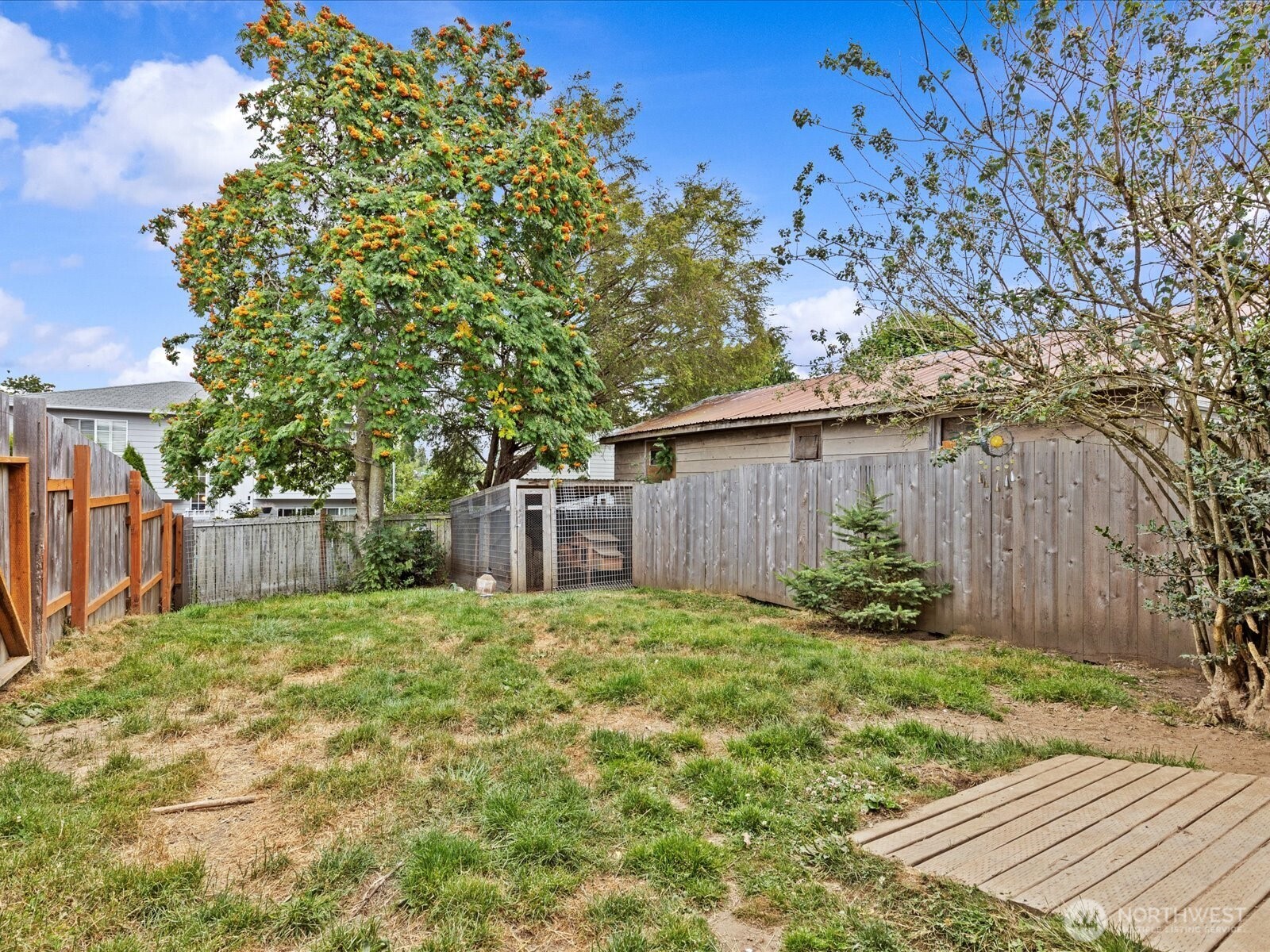 6507 Cady Road Everett, WA 98203 - Photo 27 of 29 a view of a backyard with plants and large trees with wooden fence